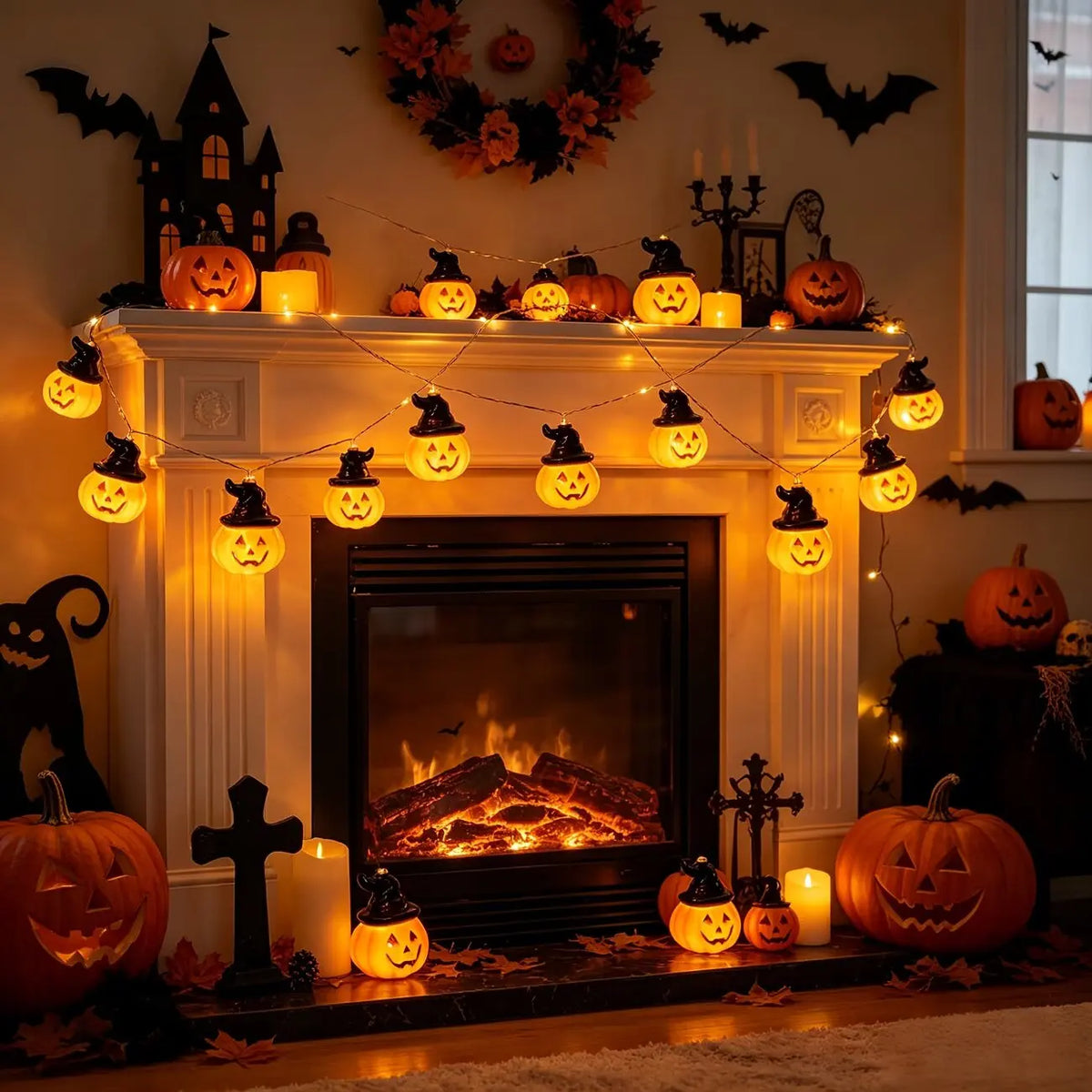 La guirnalda Pumpkin Glow colgada de la repisa de una chimenea decorada de Halloween