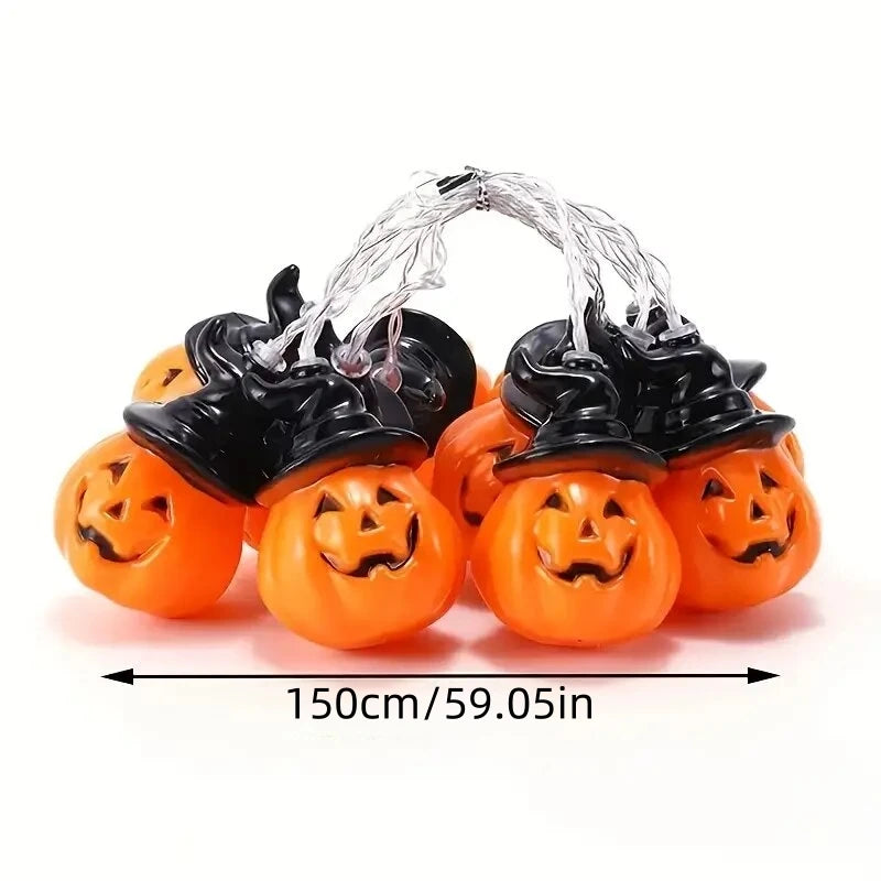 Las diez calabazas de la guirnalda con su portapilas, sobre fondo blanco, con la medida de 150 cm