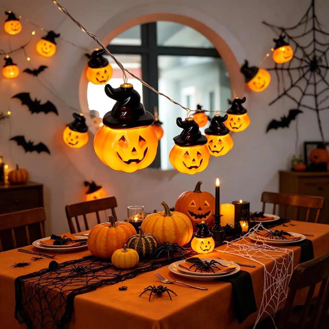 La Pumpkin Glow sobre una mesa puesta de Halloween, con murciélagos y telarañas de fondo