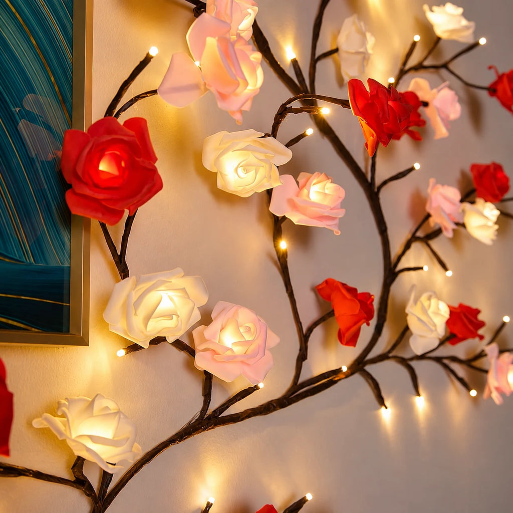 Primer plano de las rosas de Amore Lights encendidas: rojas, crema y empolvadas, con la luz dentro de cada flor