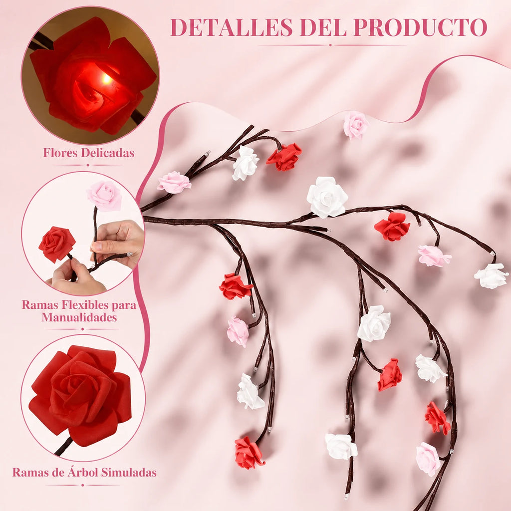 Detalles de Amore Lights: flores delicadas con la luz dentro, ramas flexibles que se moldean a mano y ramas de árbol simuladas