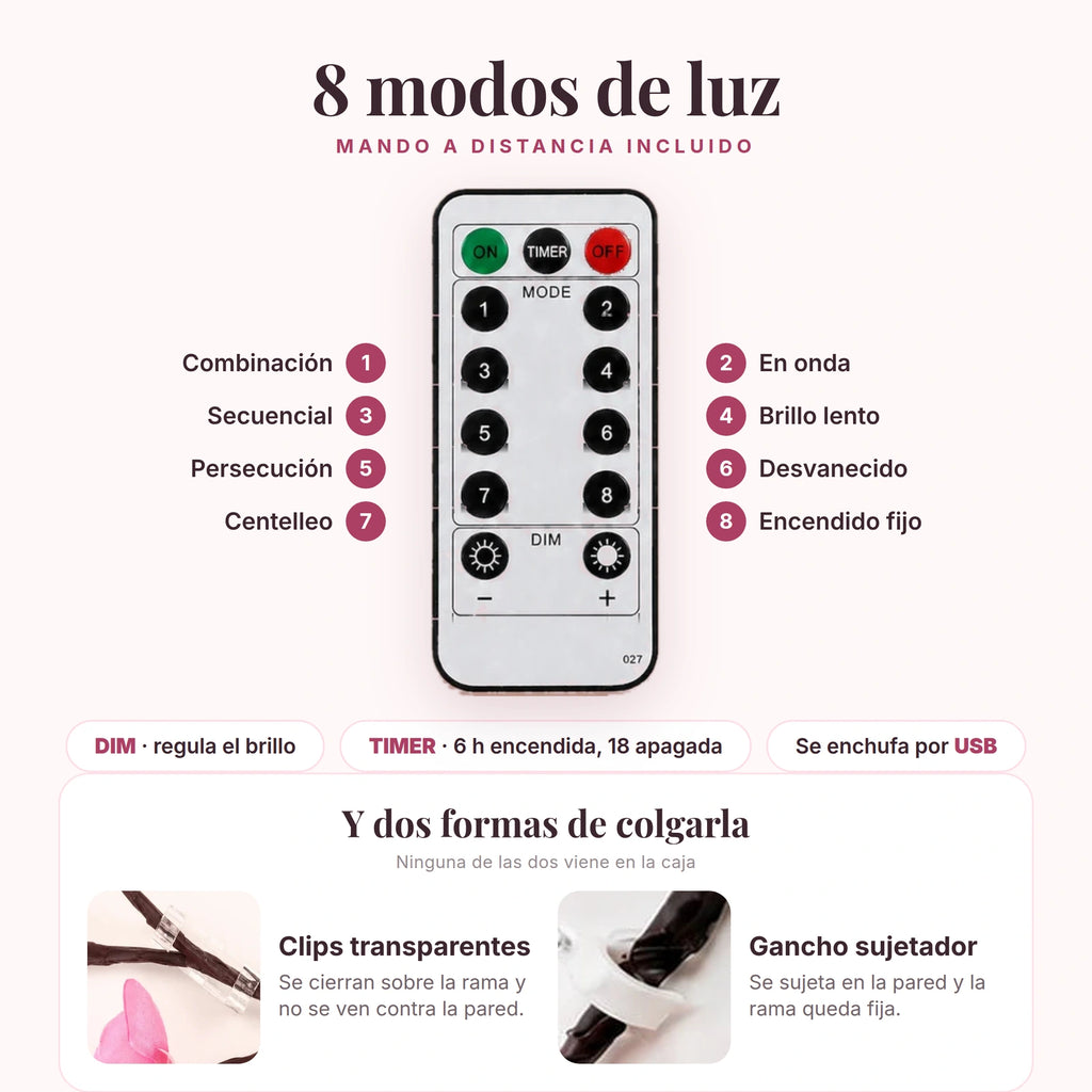 Los 8 modos de luz del mando de la guirnalda Amore, el regulador de brillo, el temporizador y las dos formas de colgarla: clips transparentes y gancho sujetador, ninguno incluido