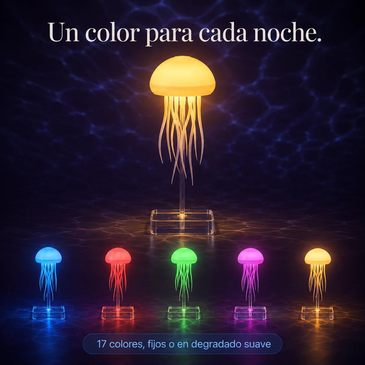 La medusa Aqua Lume encendida en azul, rojo, verde, magenta y amarillo cálido: 17 colores, fijos o en degradado suave