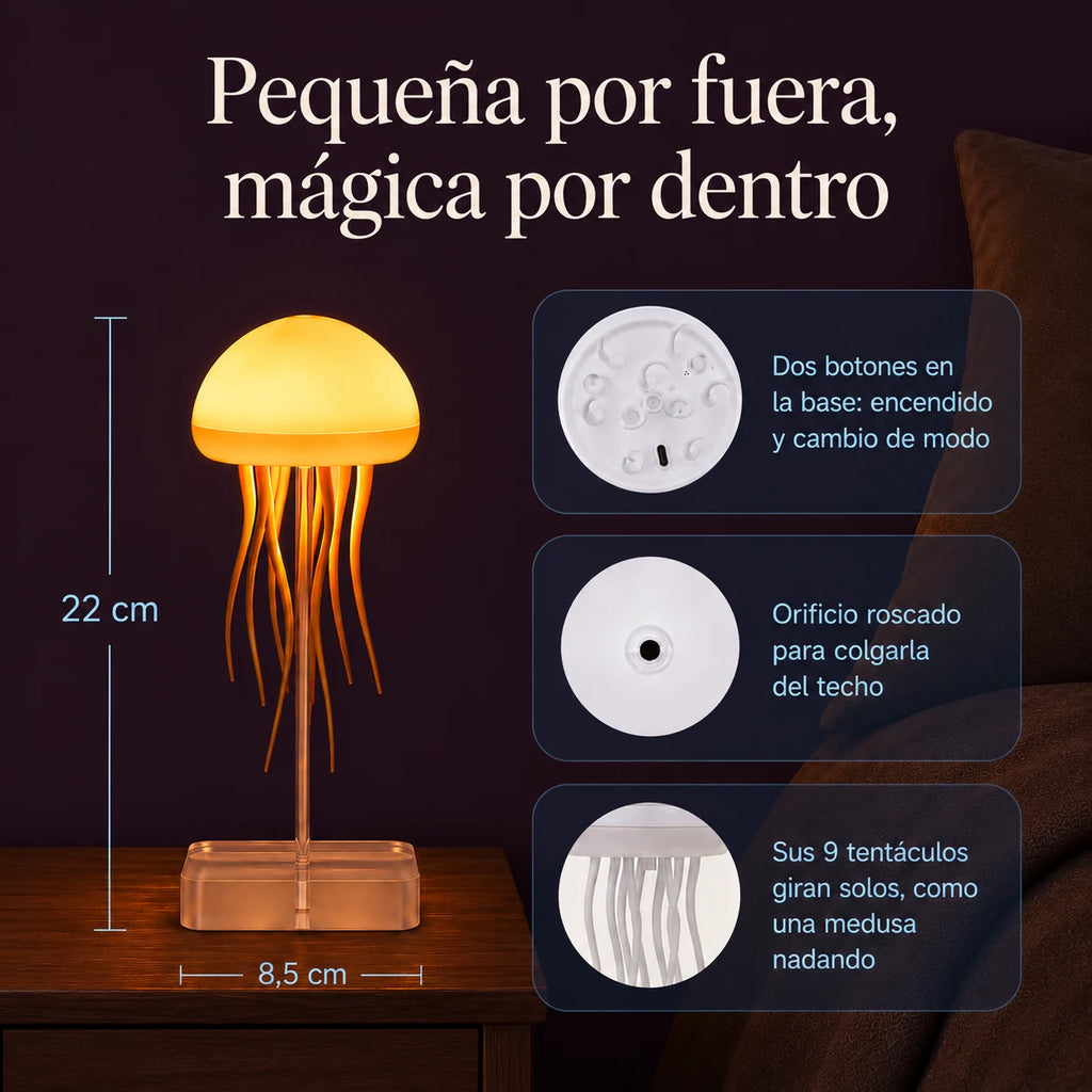 Medidas de la Aqua Lume: 22 cm de alto y 8,5 cm de ancho, con dos botones en la base, orificio roscado para colgarla del techo y nueve tentáculos que giran solos