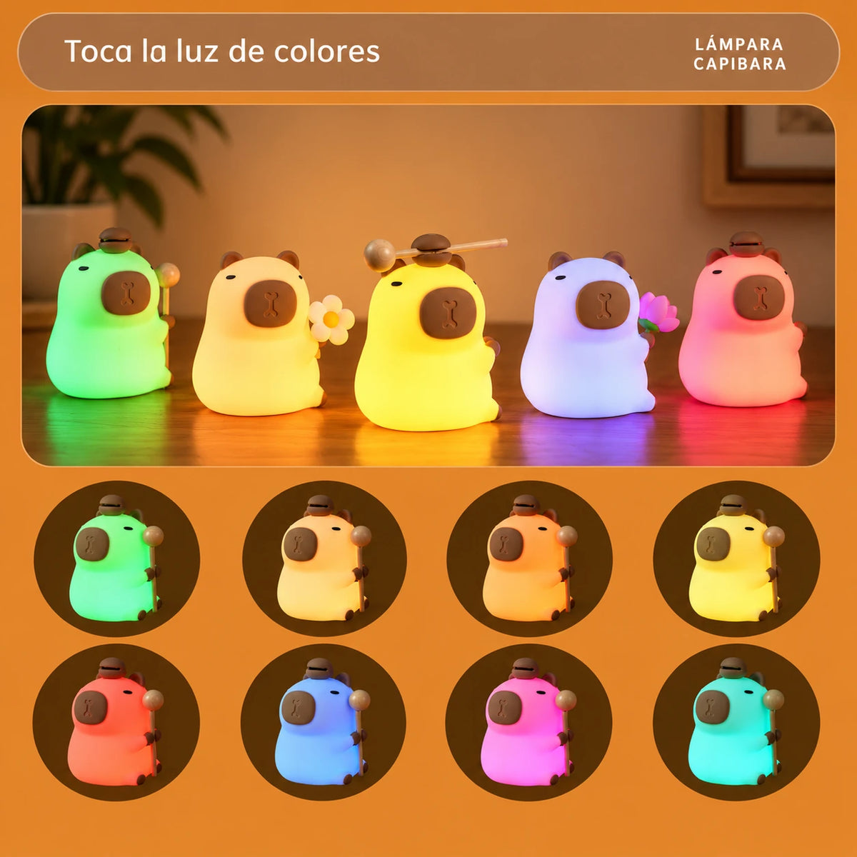 El Capibara Glow encendido en varios colores, que se cambian tocándolo