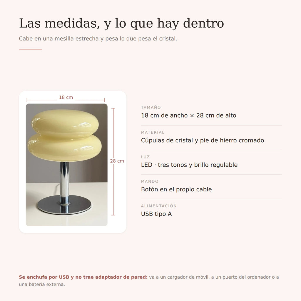 Medidas y ficha técnica de la Lumi Cloud: 18 × 28 cm, cristal e hierro, USB