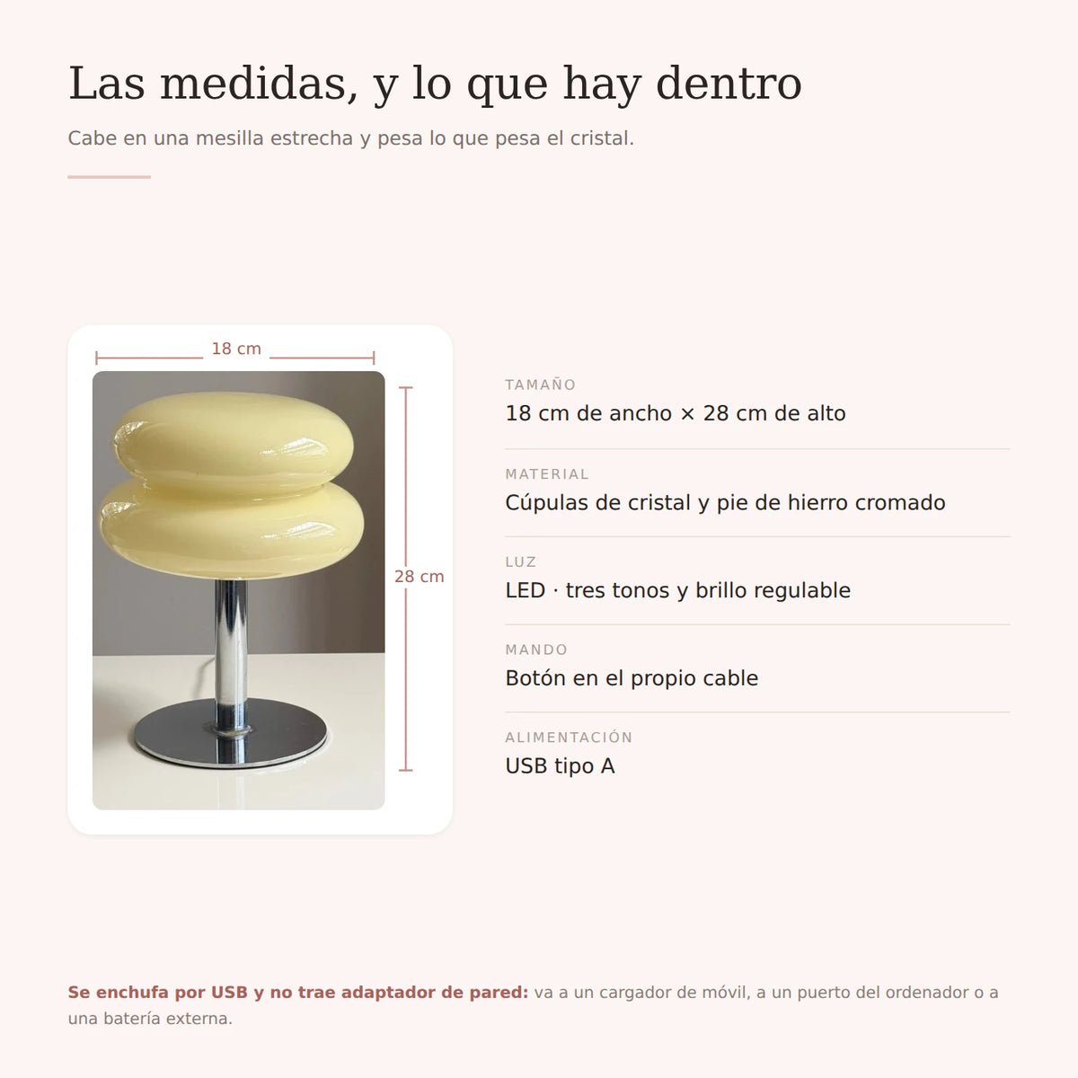 Medidas y ficha técnica de la Lumi Cloud: 18 × 28 cm, cristal e hierro, USB