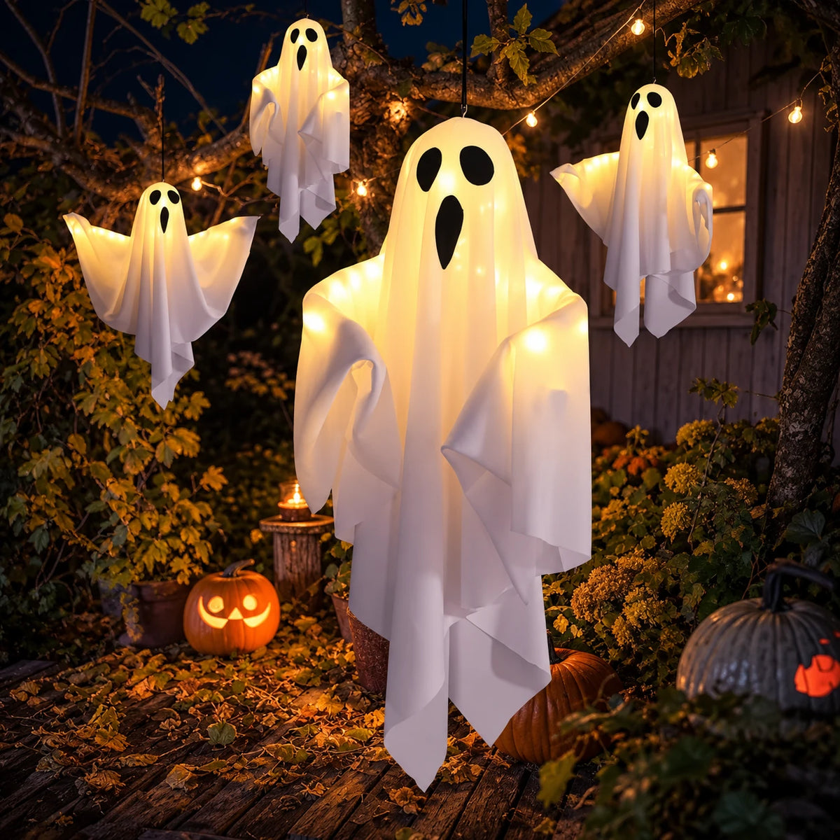 Cuatro Ghost Lights colgados de un árbol en el jardín de noche, entre calabazas