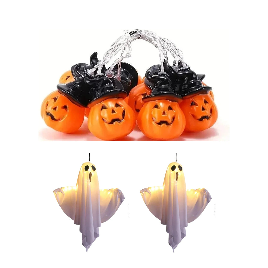 Lo que trae el Pack Halloween: la guirnalda de diez calabazas con sombrero y dos fantasmas colgantes