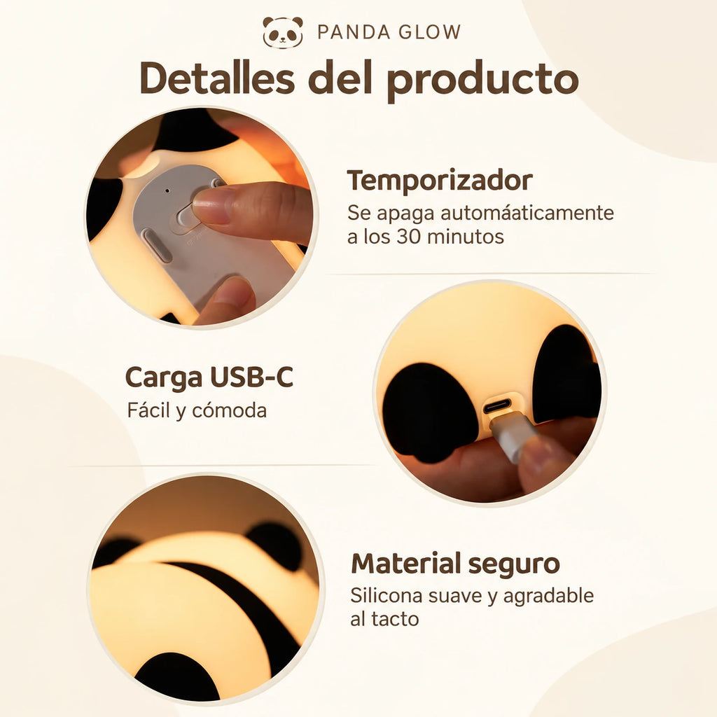 Detalles del Panda Glow: temporizador de 30 minutos, carga USB-C y silicona suave