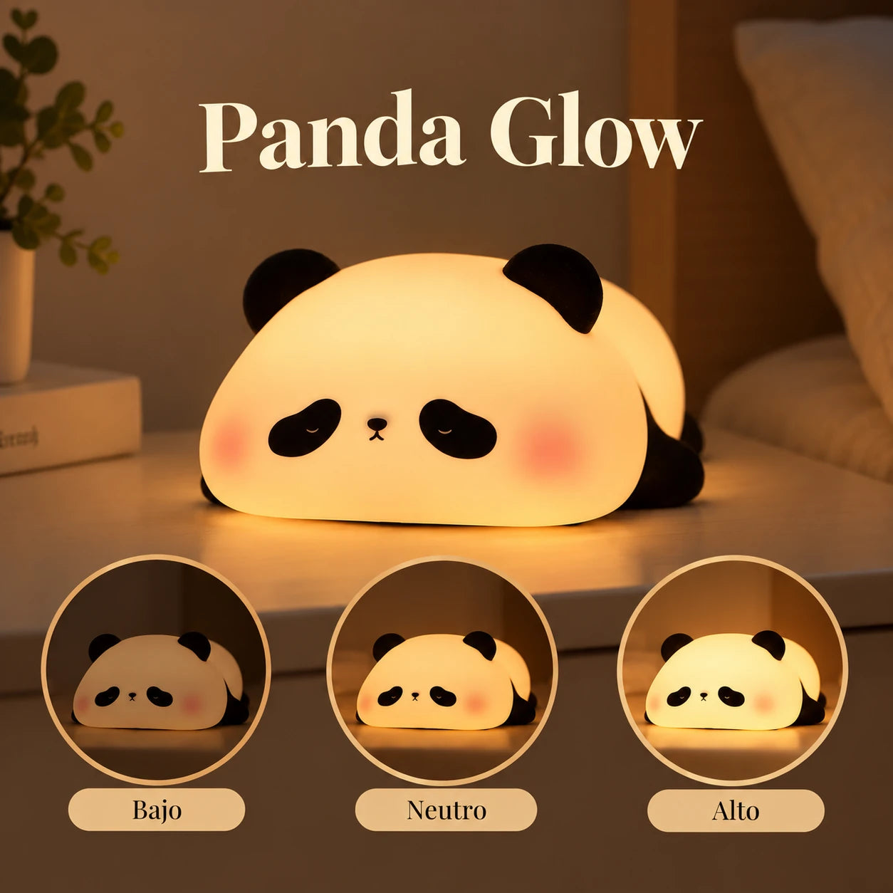 Los tres niveles de brillo del Panda Glow: bajo, neutro y alto