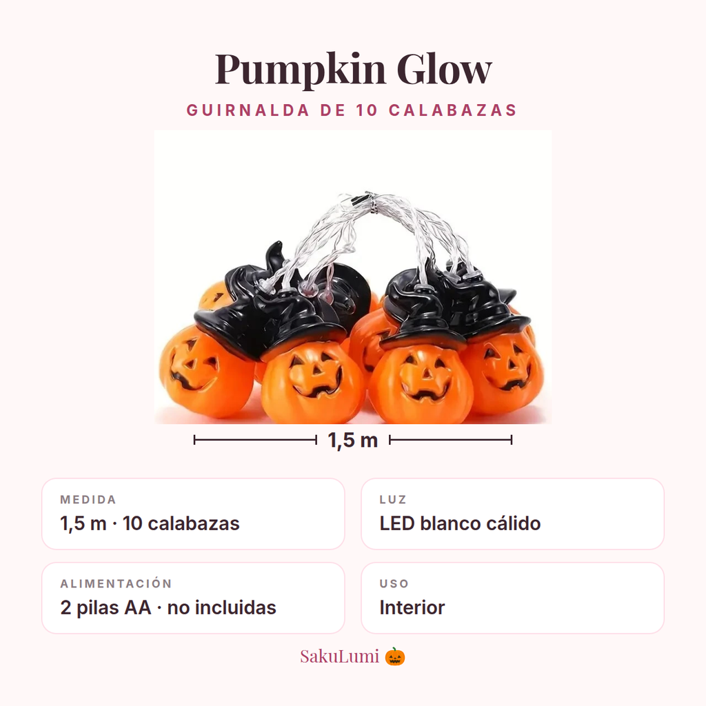 Ficha de la Pumpkin Glow: 1,5 m con 10 calabazas, LED blanco cálido, 2 pilas AA no incluidas