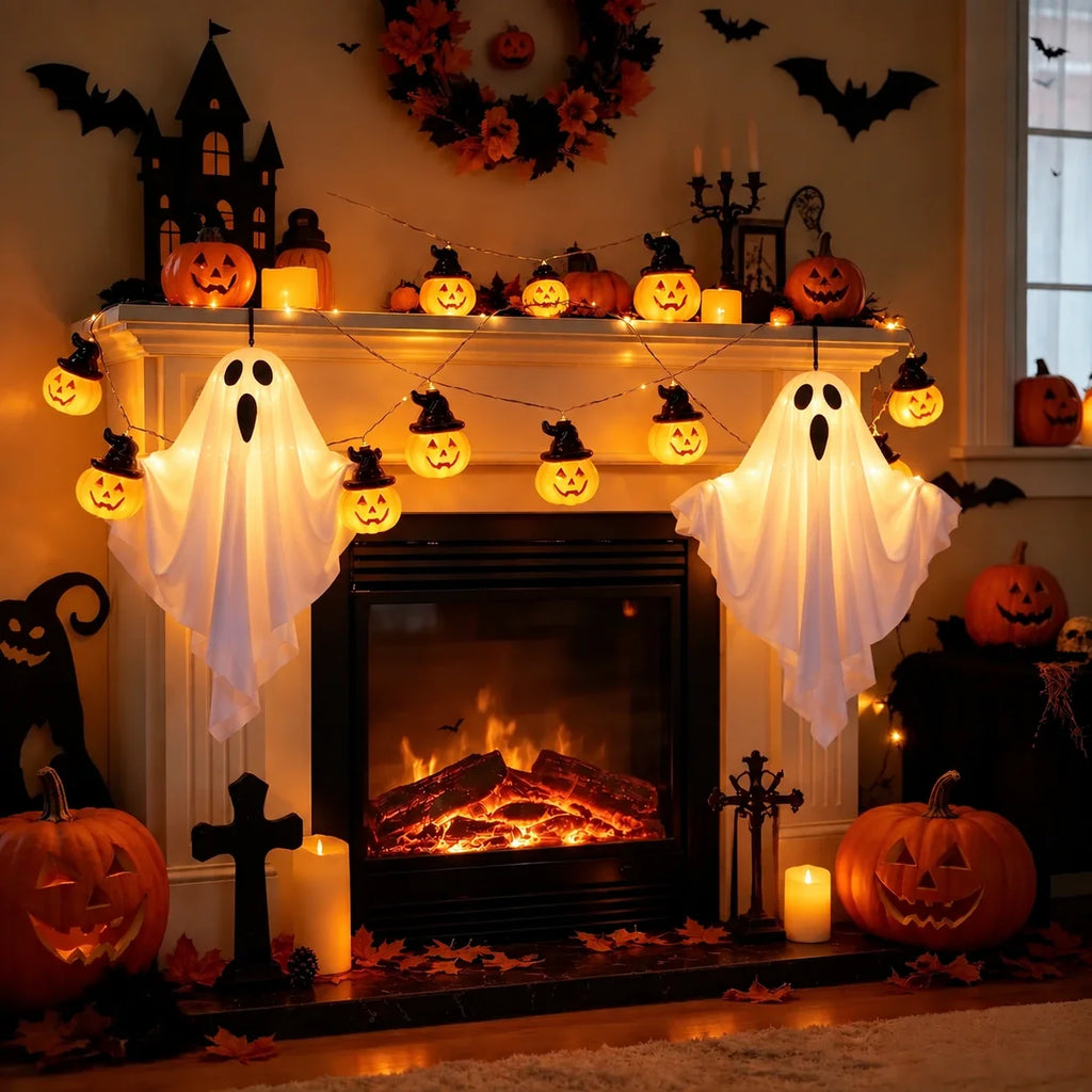 Dos Ghost Lights colgados de la repisa de una chimenea, con la guirnalda de calabazas alrededor