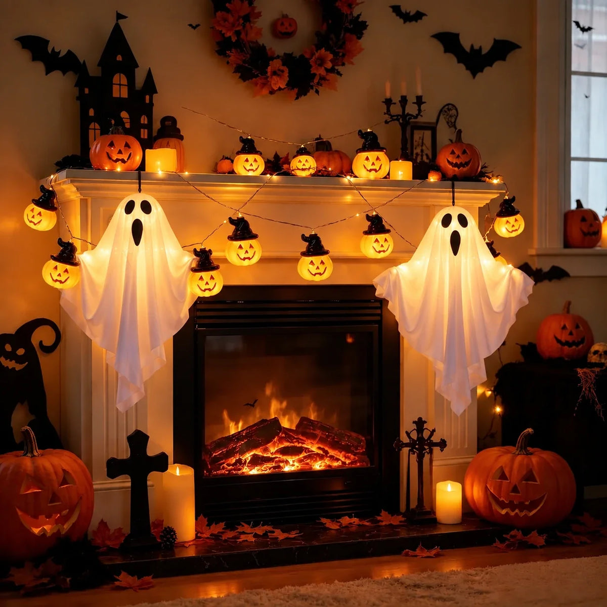 Dos Ghost Lights colgados de la repisa de una chimenea, con la guirnalda de calabazas alrededor