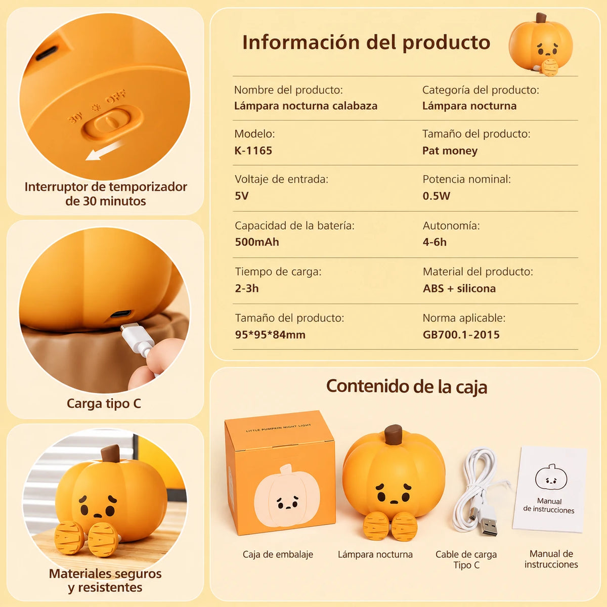 Ficha técnica de la Pumpkin Lume: temporizador de 30 minutos, carga USB-C, batería de 500 mAh con 4-6 h de autonomía, 95 x 95 x 84 mm, y el contenido de la caja